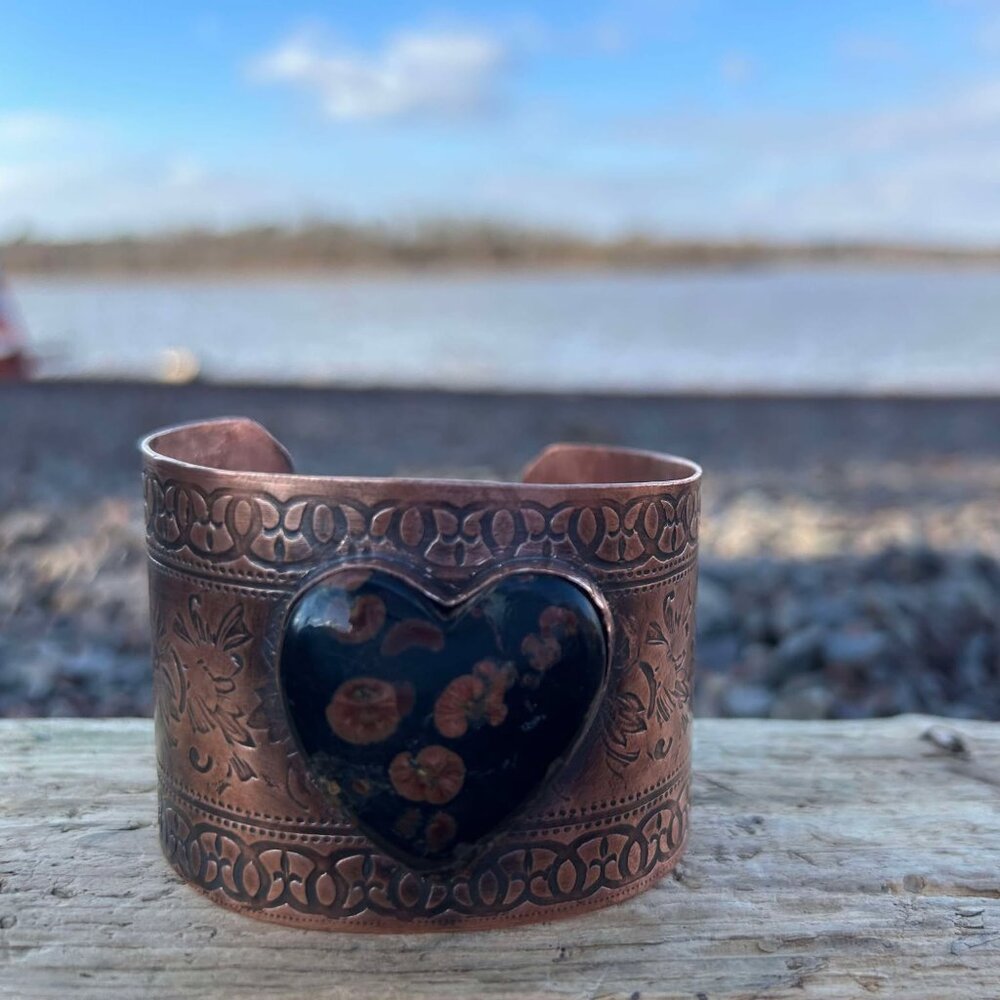Copper and Peanut Obsidian Cuff Bracelet
